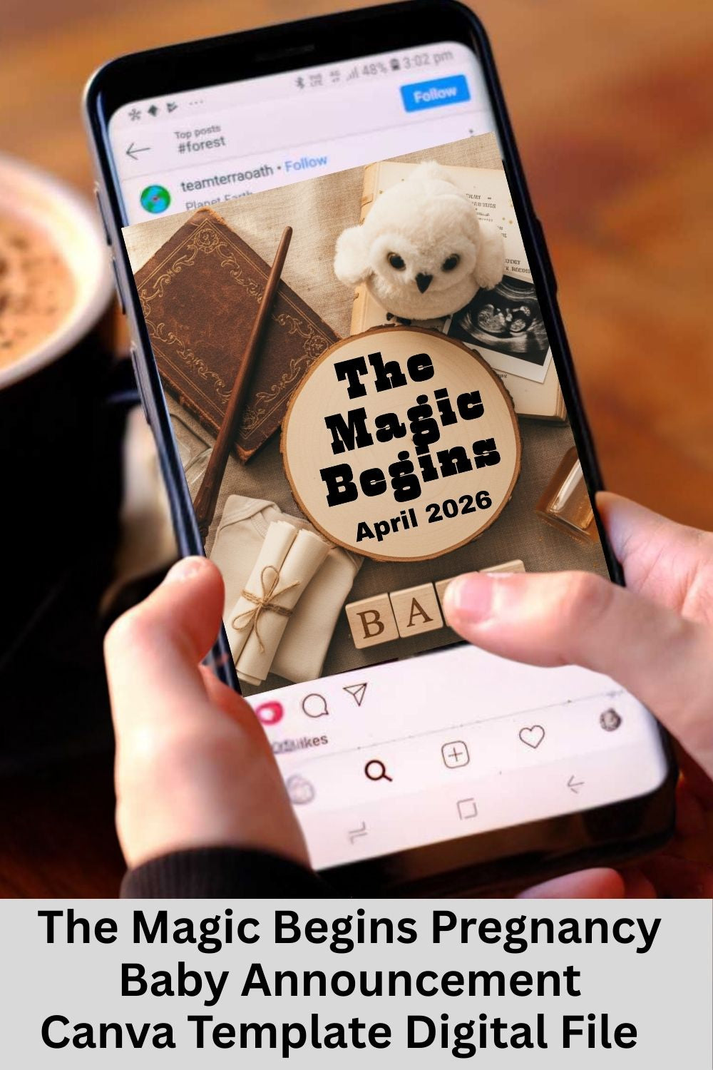 This wizard pregnancy announcement is perfect for parents who love books, fantasy, and magical details. Use this baby announcement Canva template to share your news on social media, then repurpose it as timeless fantasy baby announcement nursery decor you’ll treasure long after the reveal.