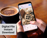 Person holding a smartphone with a digital file on screen, next to a cup of coffee on a wooden table.