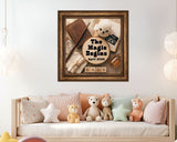 Decorative wall art with teddy bears and baby announcement text in a nursery setting.