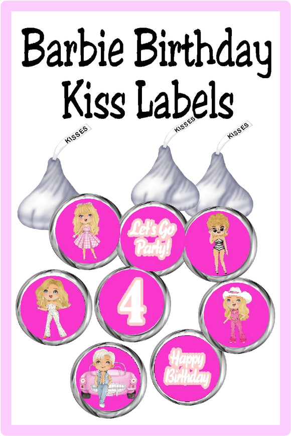Barbie Birthday Hershey Kiss Labels Ages 1-16, 18, 21