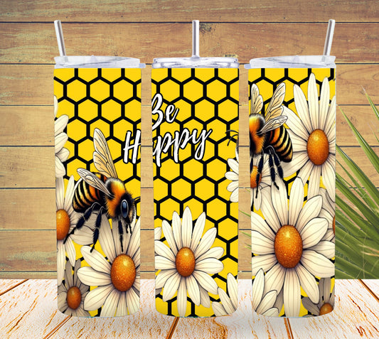 Be Happy Honeycomb Bee 20oz Skinny Tumbler   *814