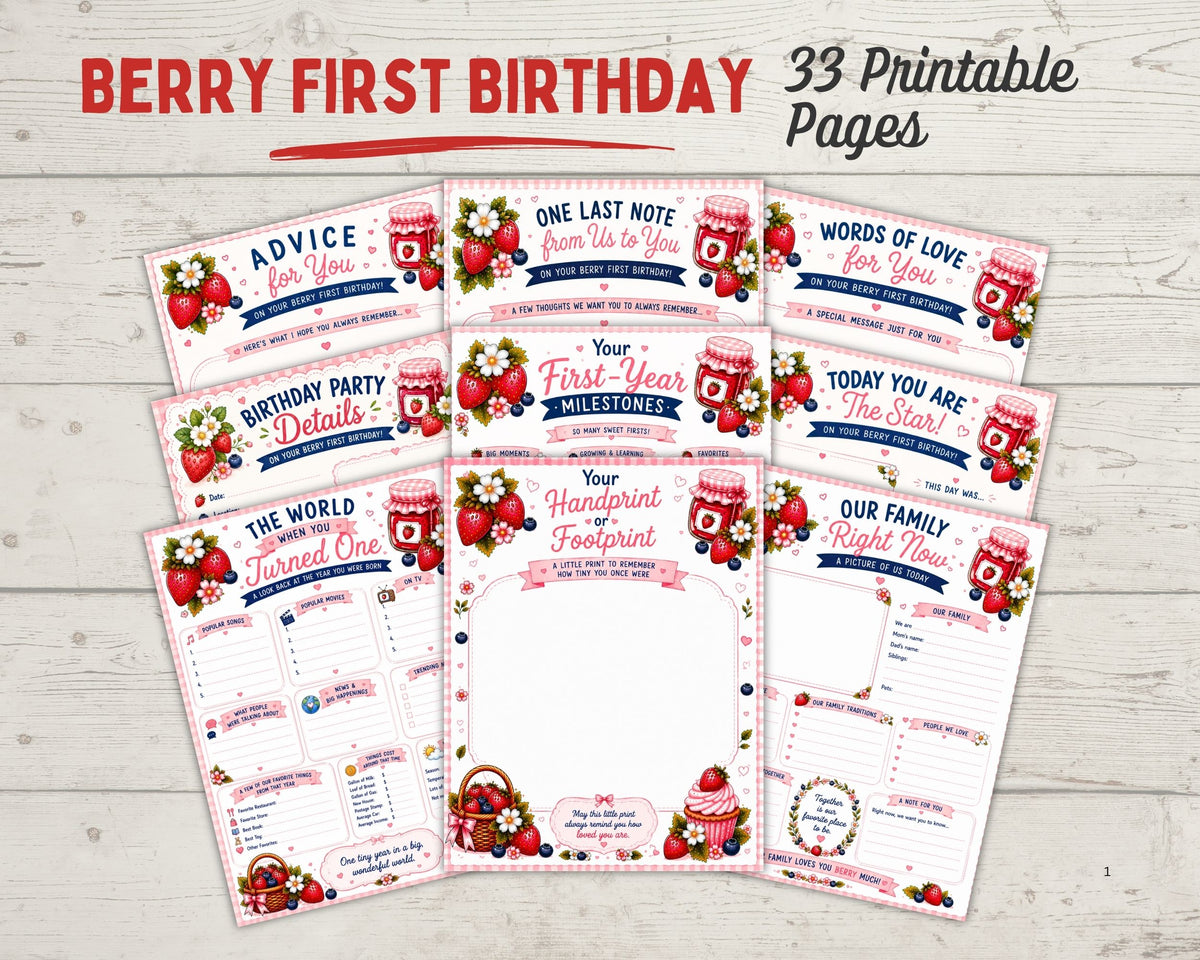 Berry First Birthday Journal Printable, First Birthday Memory Book PDF, Birthday Keepsake Pages, Baby First Year Journal