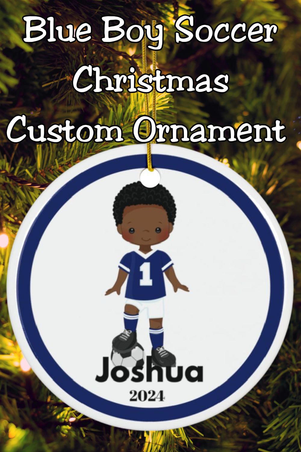 Blue Boy Soccer Player Custom Name Christmas Ornament