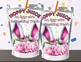 Two packages of 'Happy Juice' with floral design and bunny ears on a colorful background