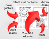 Thanksgiving Activity Placemats for Kids, Printable Thanksgiving Games, Kids Table Activities