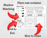 Thanksgiving Activity Placemats for Kids, Printable Thanksgiving Games, Kids Table Activities