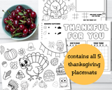 Thanksgiving Activity Placemats for Kids, Printable Thanksgiving Games, Kids Table Activities
