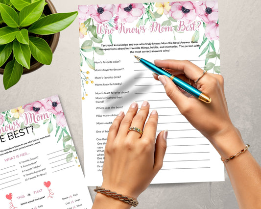 Mom Printable Games for Mothers Day or Pink Flower Baby Shower