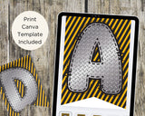 Letter 'A' design with yellow and black striped border on a wooden background