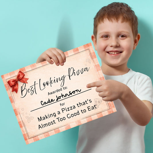 Child holding a certificate titled 'Best Looking Pizza' against a light blue background