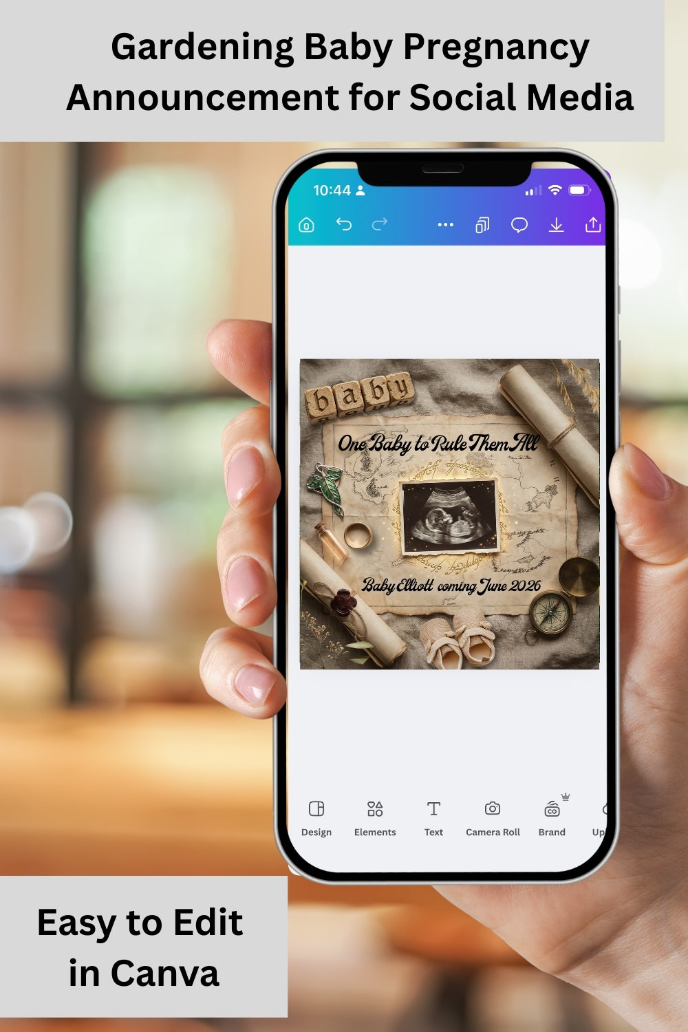 One journey ends… and a new one begins.
This Lord of the Rings pregnancy announcement is perfect for parents who want a meaningful, storybook-style baby reveal. Featuring fantasy map details, glowing accents, and room for personalization, it’s a keepsake-worthy way to announce your newest little hobbit.