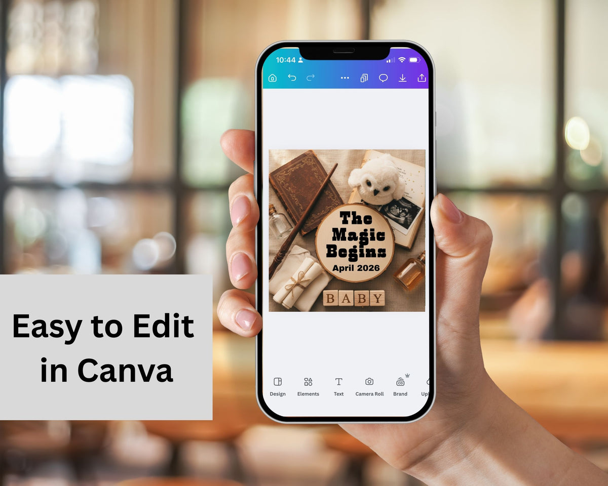 Hand holding a phone displaying a Canva design app with a baby-themed collage.