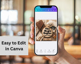 Hand holding a phone displaying a Canva design app with a baby-themed collage.
