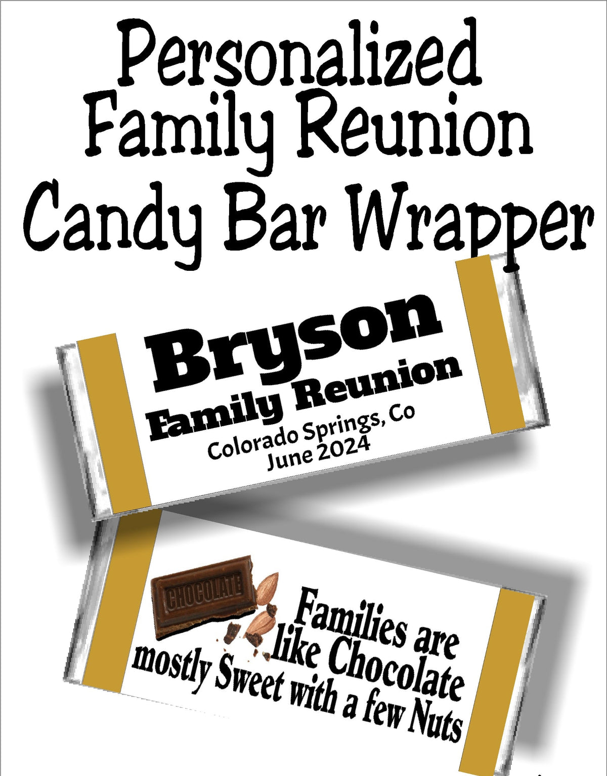 Chocolate Family Reunion Pesonalized Candy Bar Wrapper Canva Template