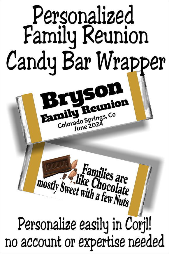 Chocolate Family Reunion Pesonalized Candy Bar Wrapper Canva Template