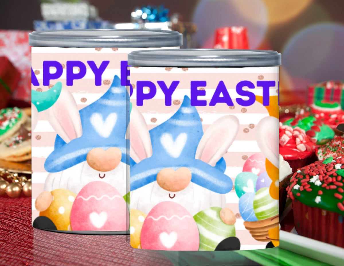 Two cans with Easter-themed designs and text on a festive background with cookies and cupcakes.