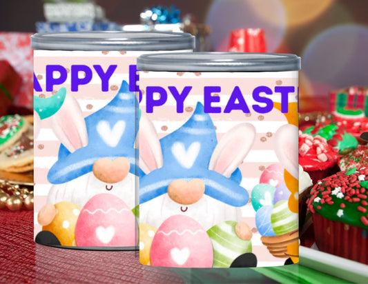 Two cans with Easter-themed designs and text on a festive background with cookies and cupcakes.