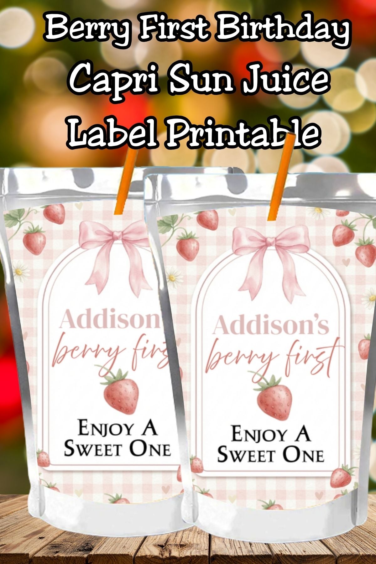 Planning a strawberry-themed first birthday? These Berry First Birthday Capri Sun labels are the perfect way to turn drinks into adorable party favors. Featuring a soft pink gingham design with strawberries and bows, this sweet one drink label template is fully editable in Canva so you can personalize it for your celebration. A must-have for any berry 1st birthday party setup.