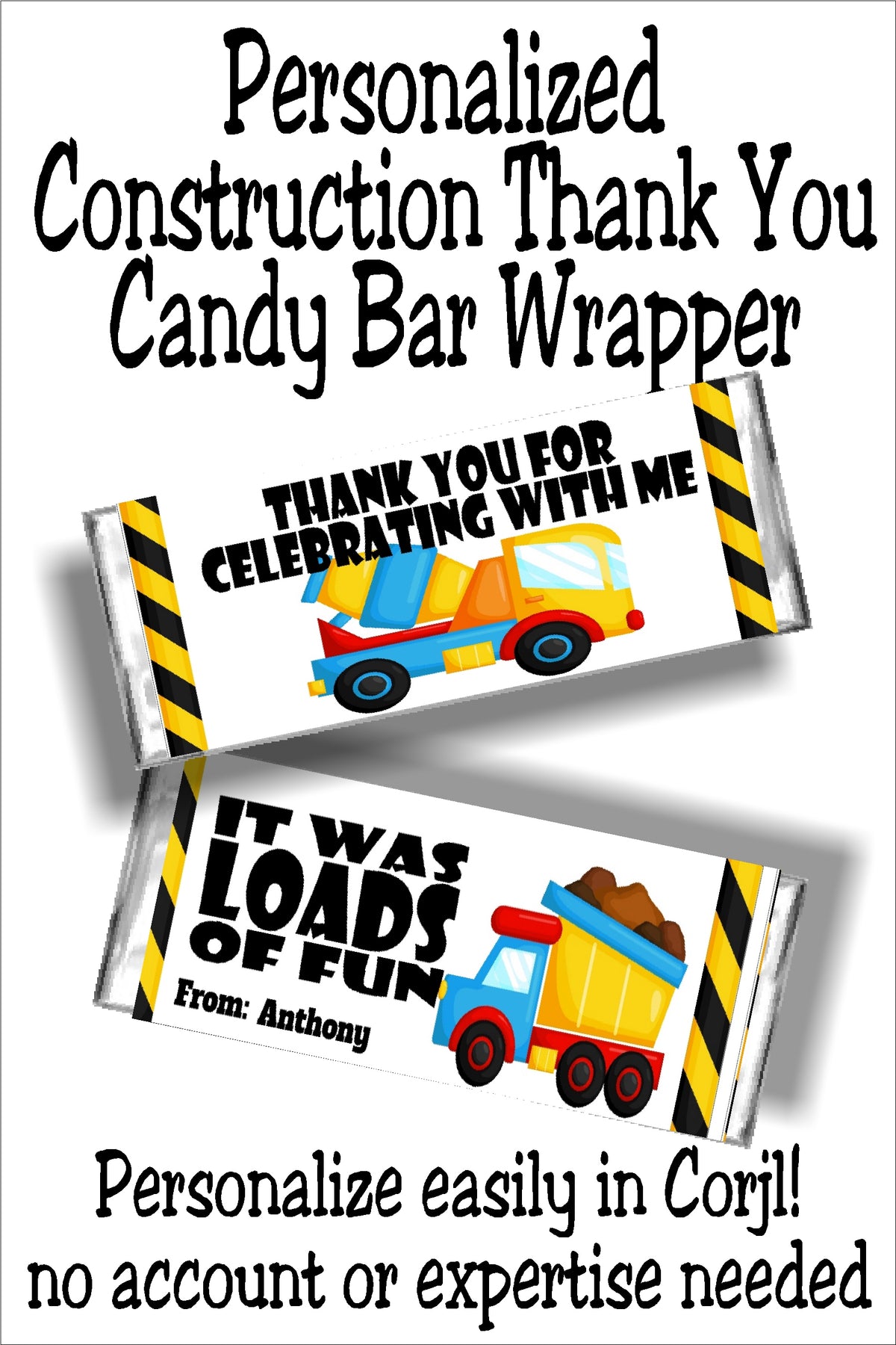 Construction Party Thank You Candy Bar Wrapper Personalizable Printable