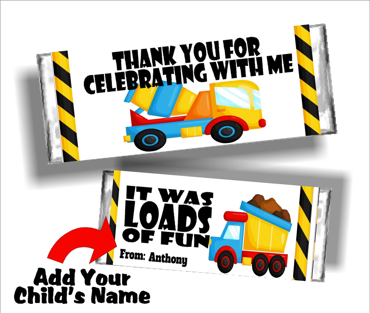 Construction Party Thank You Candy Bar Wrapper Personalizable Printable
