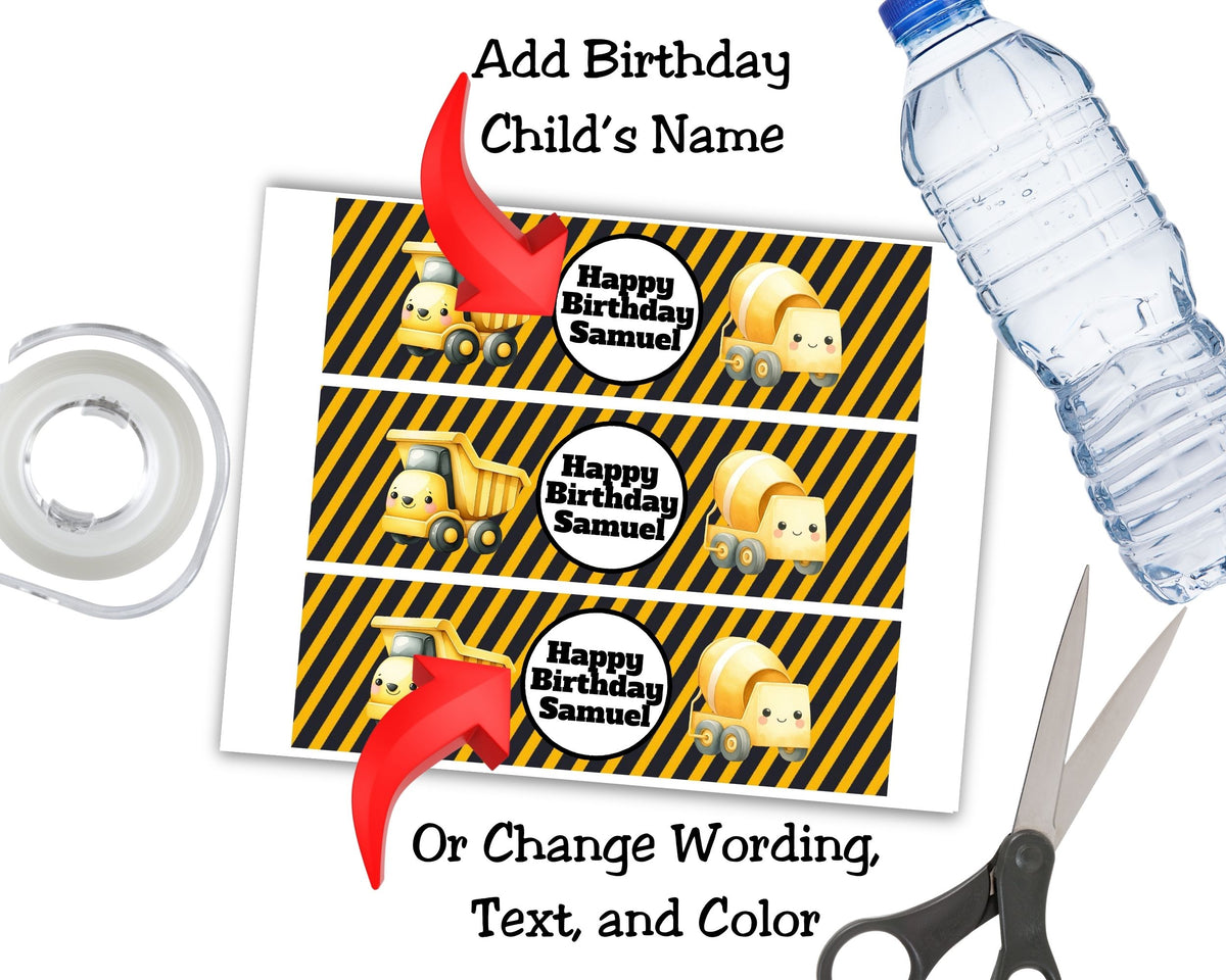 Cute Construction Personalizable Water Bottle Label Printable