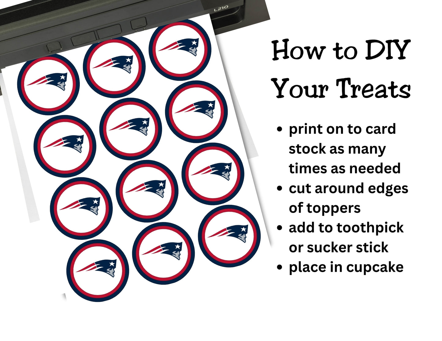 Sheet of round toppers with a logo, instructions for DIY on a white background