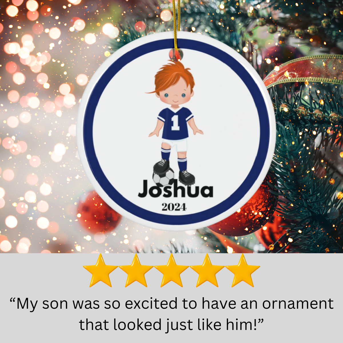 Blue Boy Soccer Player Custom Name Christmas Ornament