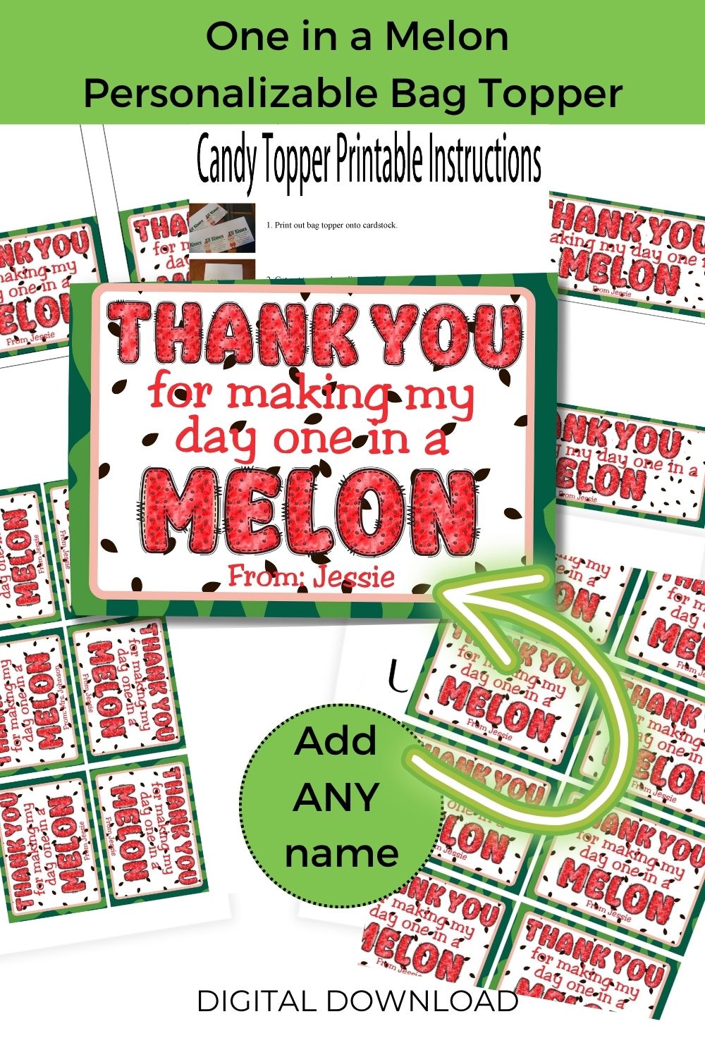 One in a Melon Thank You Canva Template Bag Topper Printable