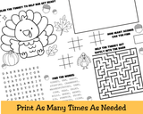Thanksgiving Activity Placemats for Kids, Printable Thanksgiving Games, Kids Table Activities