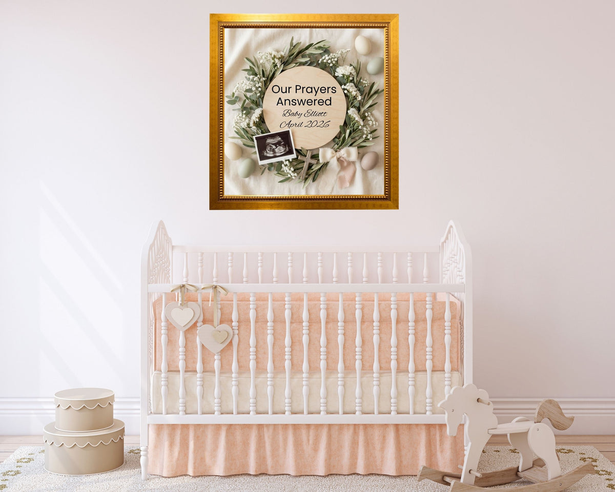Our Prayers Answered Easter Christian Pregnancy Announcement Canva Template