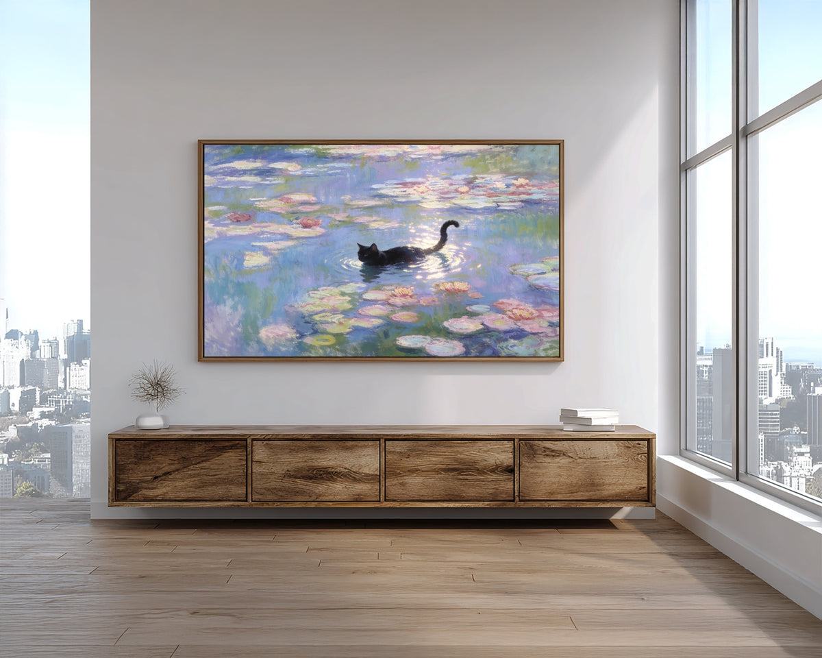 Framed painting of a swan on water in a modern room with wooden furniture and large windows.