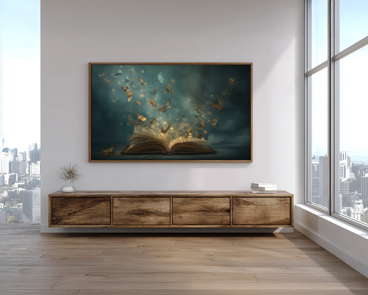 Modern living room with a wooden TV stand and a large screen displaying an open book with flying butterflies.