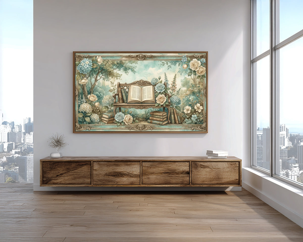 Framed artwork on a wall above a wooden console table with cityscape view.