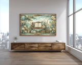 Framed artwork on a wall above a wooden console table with cityscape view.