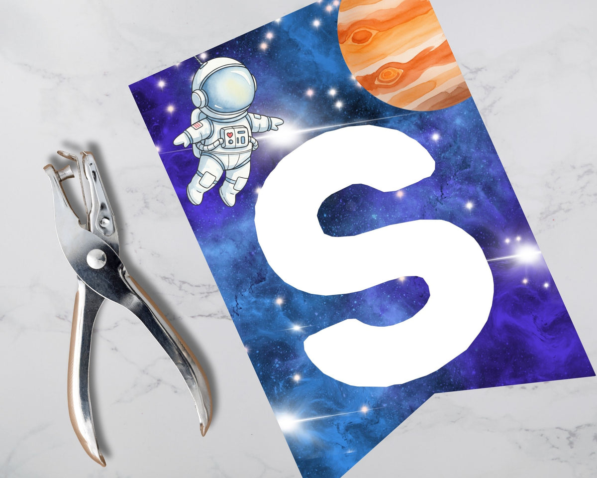 Space Alphabet Pennant Banner Set (A–Z + 0–9) – Astronaut Party Decor Printable