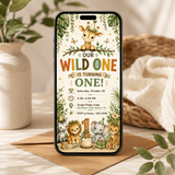 A smartphone displaying a safari-themed 'Our Wild One' first birthday invitation, styled on a kraft envelope with a neutral background and decorative plants.