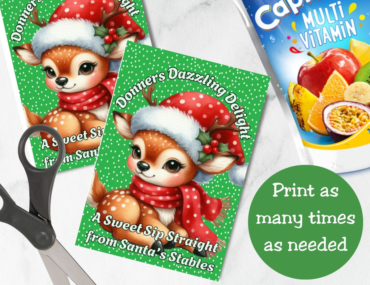 Reindeer Capri Sun Labels – Printable Christmas Drink Pouch Stickers for Kids