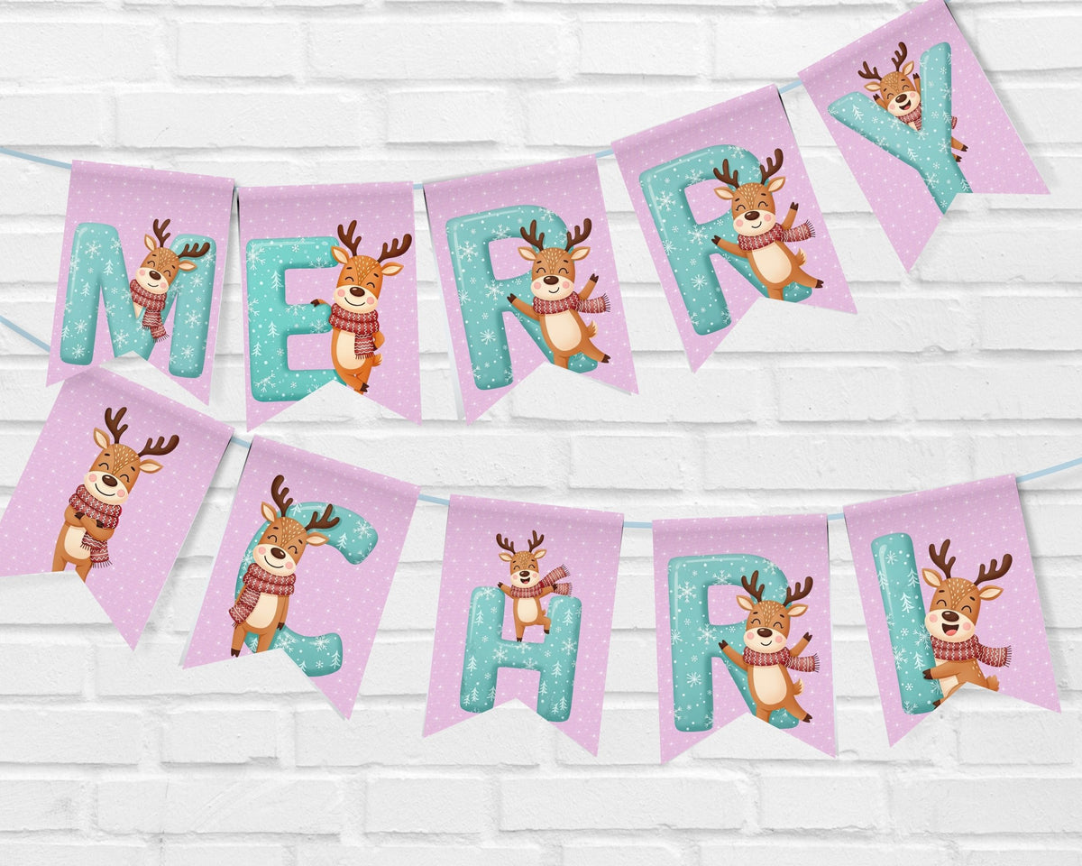 Pink Reindeer Pennant Banner Printable And Canva Template