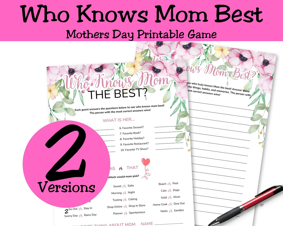 Who Knows Mom Best Trivia Game Pink Floral Design Printable Party Download Fun Family Celebration Activity Mother Day Gift Instant Digital Access Multiple Choice Questions Shower Entertainment Package Beautiful Watercolor Style Perfect