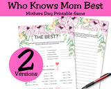 Who Knows Mom Best Trivia Game Pink Floral Design Printable Party Download Fun Family Celebration Activity Mother Day Gift Instant Digital Access Multiple Choice Questions Shower Entertainment Package Beautiful Watercolor Style Perfect
