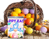 Colorful Easter eggs in a basket with a 'Happy Easter' themed canister.