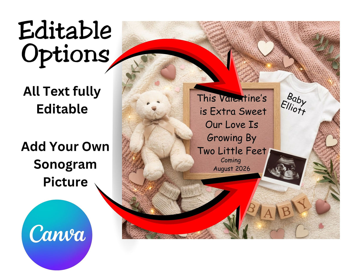 Valentine Two Little Feet Pregnancy Announcement Canva Template