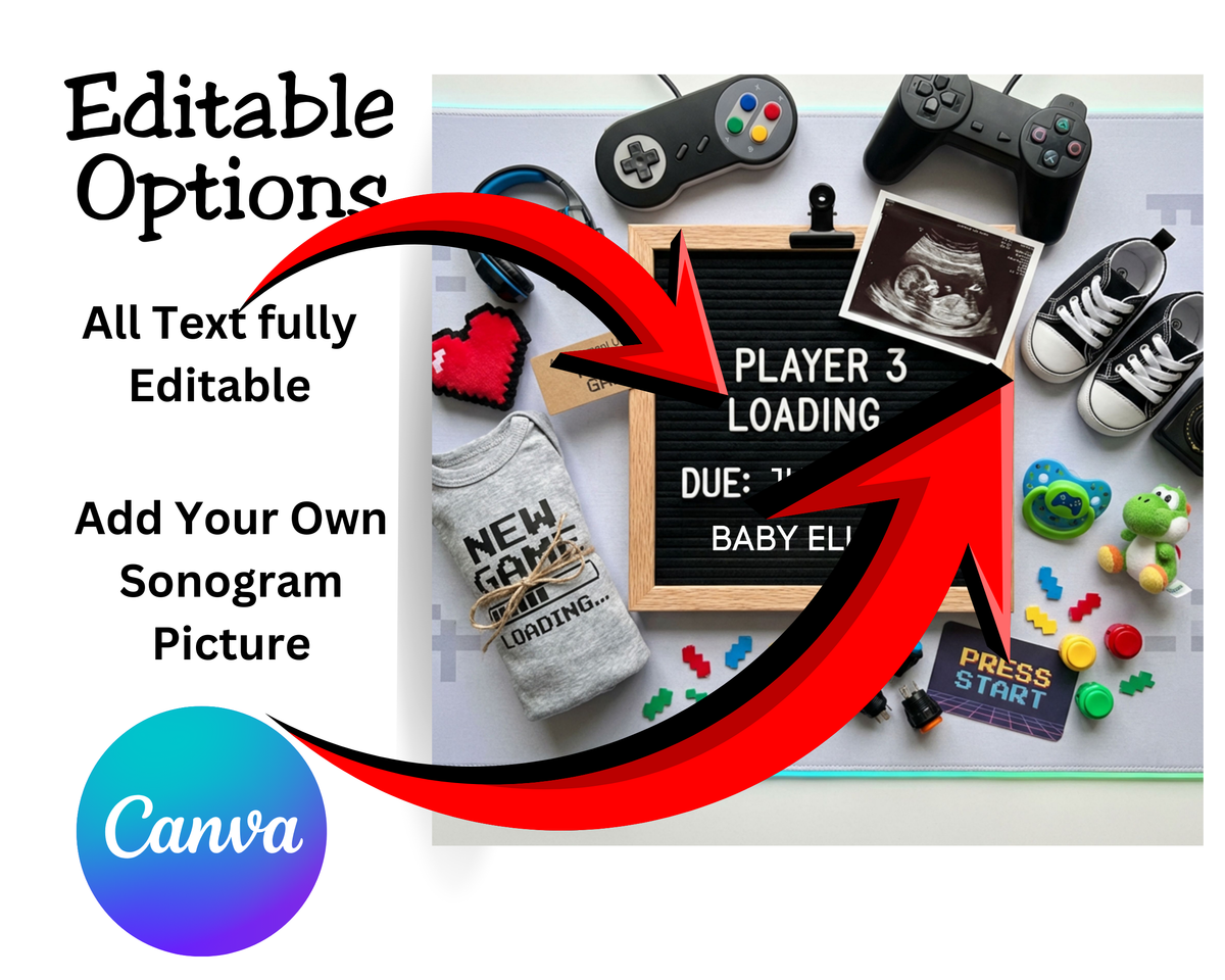 Player 3 Gamer Baby Announcement Canva Template