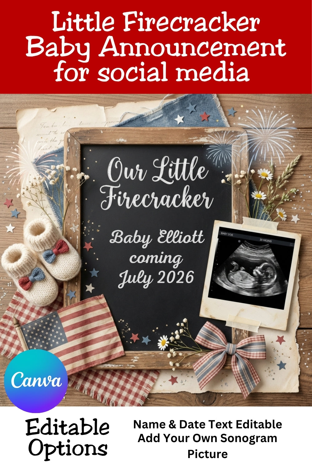 Little Firecracker Baby Announcement Canva Template