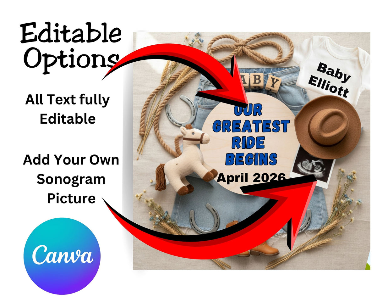 Baby-themed decorative item with text and horse figurine, featuring Canva logo.