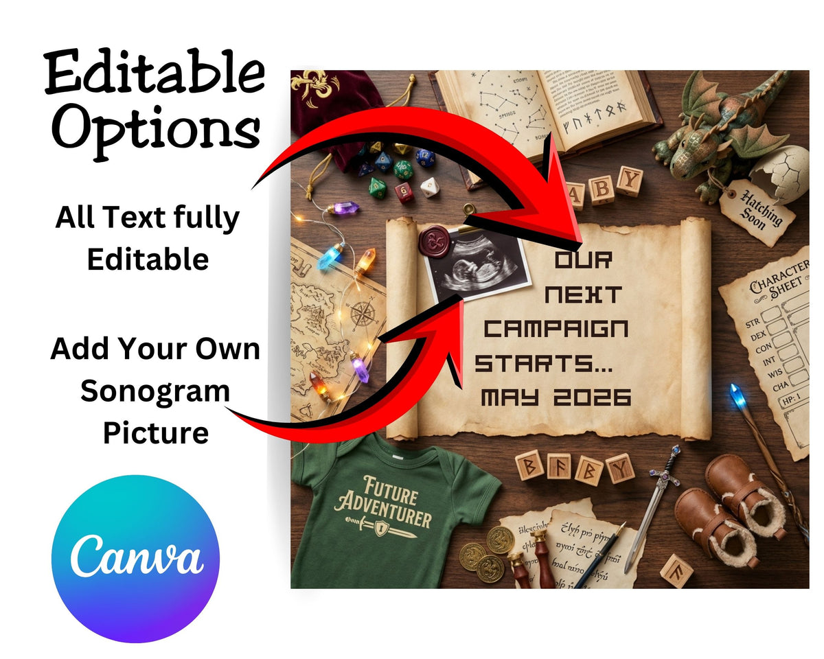 D&D Role Playing Game Pregnancy Reveal Canva Template
