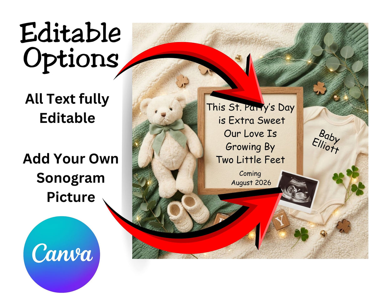 St Patricks Day Two Little Feet Pregnancy Announcement Canva Template