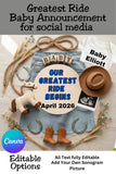 Looking for a simple and stylish way to announce your baby? This Greatest Ride Begins baby announcement is a fully editable Canva template designed for social media. Customize the name and due date in minutes and share a western-inspired pregnancy reveal with a cozy rustic vibe