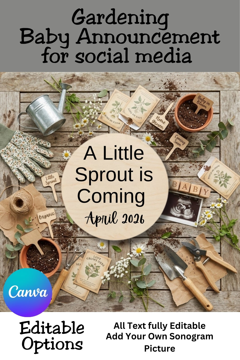 Gardening Baby Announcement Template – Editable Canva Design