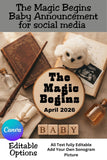 Looking for a unique pregnancy announcement? This magic baby announcement is fully editable in Canva and ideal for sharing your baby reveal on Instagram or Facebook. The cozy, storybook design also works perfectly as nursery wall art for a wizard or fantasy-inspired baby room.